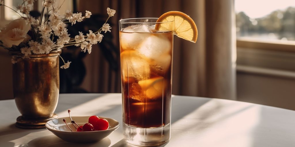 Close up image of a Roy Rogers mocktail on a table in a light bright home kitchen 