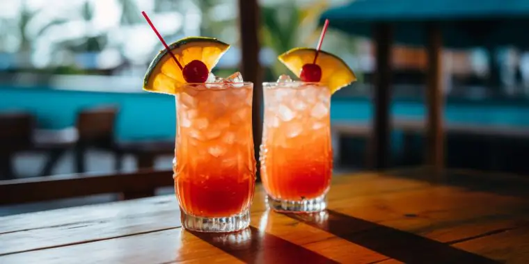 Two Singapore Sling cocktails in a beach bar setting