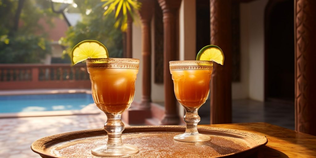 Two Tamarind Ginger Margarita cocktails on a table in a classic Indian courtyard