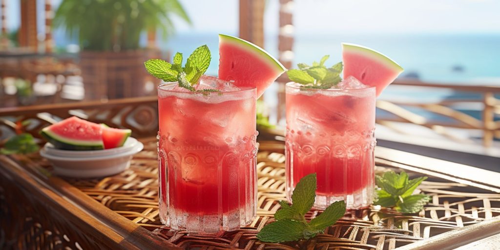Two Watermelon Mojitos on a sunny Indian veranda overlooking the ocean