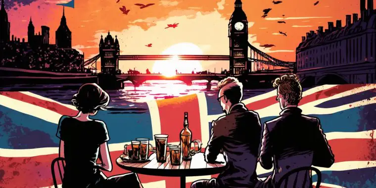 Colorful abstract illustration of a group of friends enjoying drinks at sunset in London