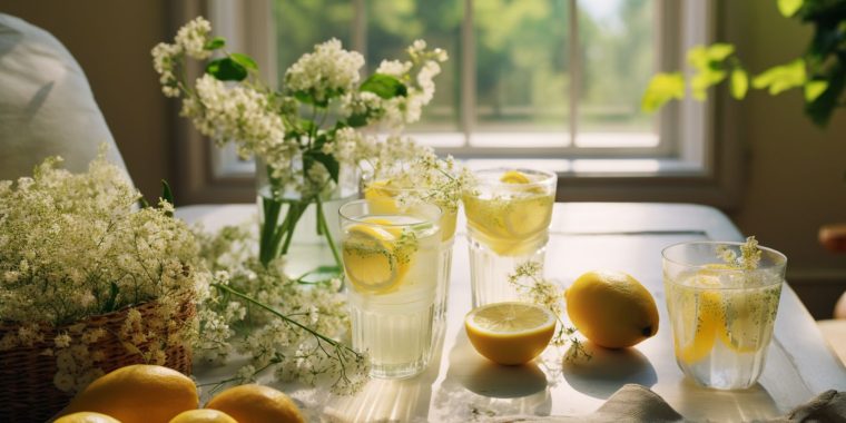 Close-up of a trio of Elderflower cocktails on a table in a light bright home kitchen with a bunch of elderflowers in a vase