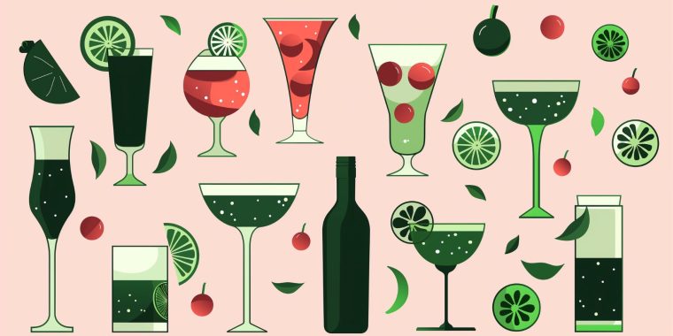 Vector illustration of a selection of fermented cocktails and fermented drink bottled in shades of green and pink on a light pink backdrop