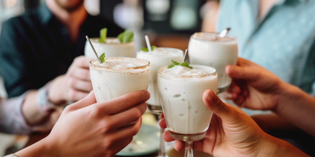 A creamy and delicious Ramos Gin Fizz Cocktail in a Collins glass, presented on a wooden surface, flanked by a metal jigger