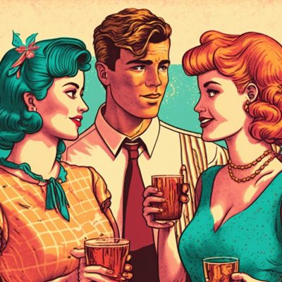 A colourful illustration of young men and women enjoying a 1950s cocktail party