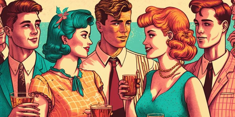 A colourful illustration of young men and women enjoying a 1950s cocktail party