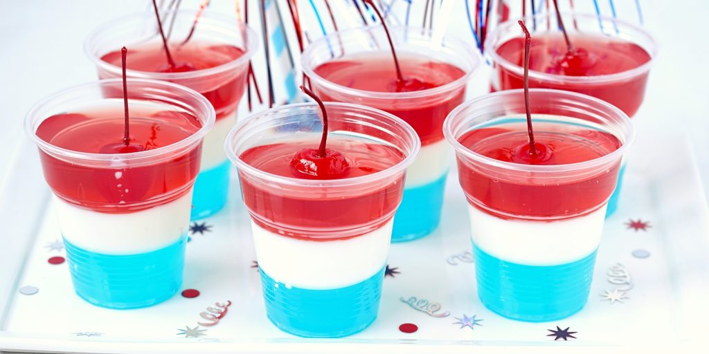 Red, white and blue layered jello shots