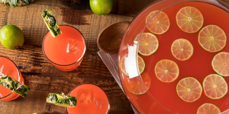 A top view of Rum Punch that is ideal to make for batching cocktails