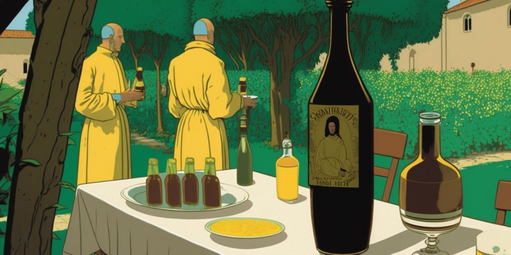Illustration of a table holding a bottle of and glasses of herbal liqueur under a tree with two monks in yellow carb in the backdrop walking in a garden 