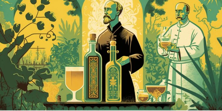 Classical illustrative depiction of two monks in a room full of greenery, with a table in the foreground holding two bottles of liqueur and a glass of yellow liquid