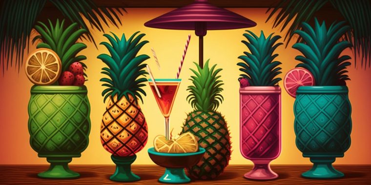 Retro illustration of a variety of pineapple juice cocktails in glasses and Tiki cocktainers, interspersed with fresh pineapples