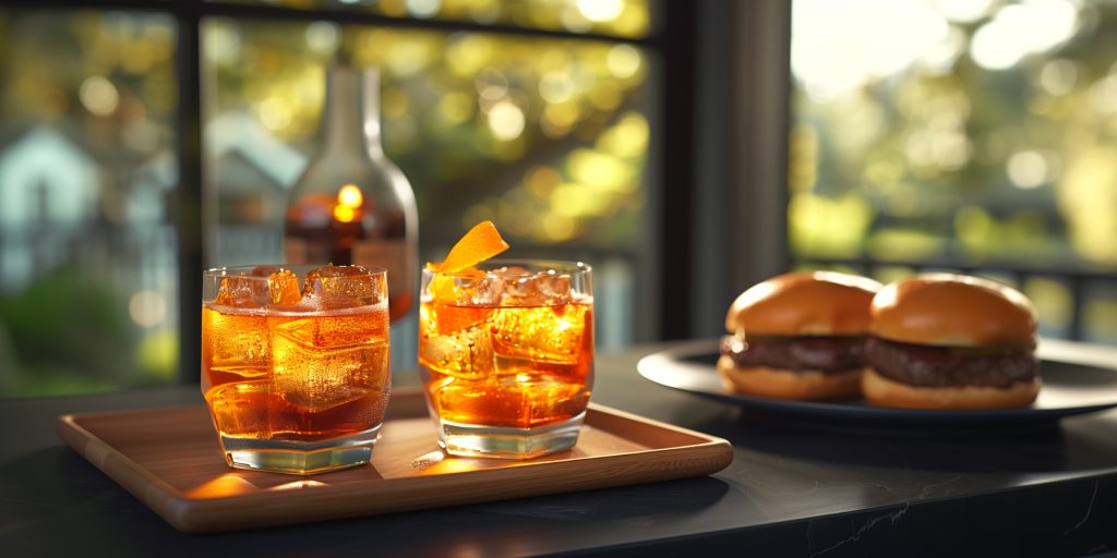 Two Japanese Old Fashioned cocktails served with beef sliders