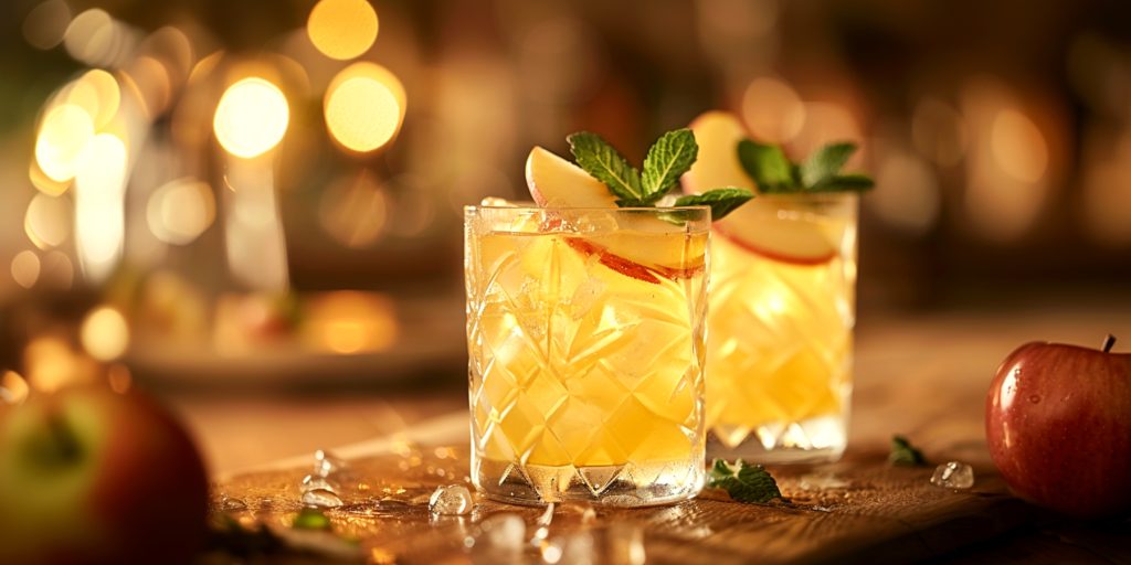 Two Bourbon and Apple Fizz cocktails with fresh apple and mint garnish