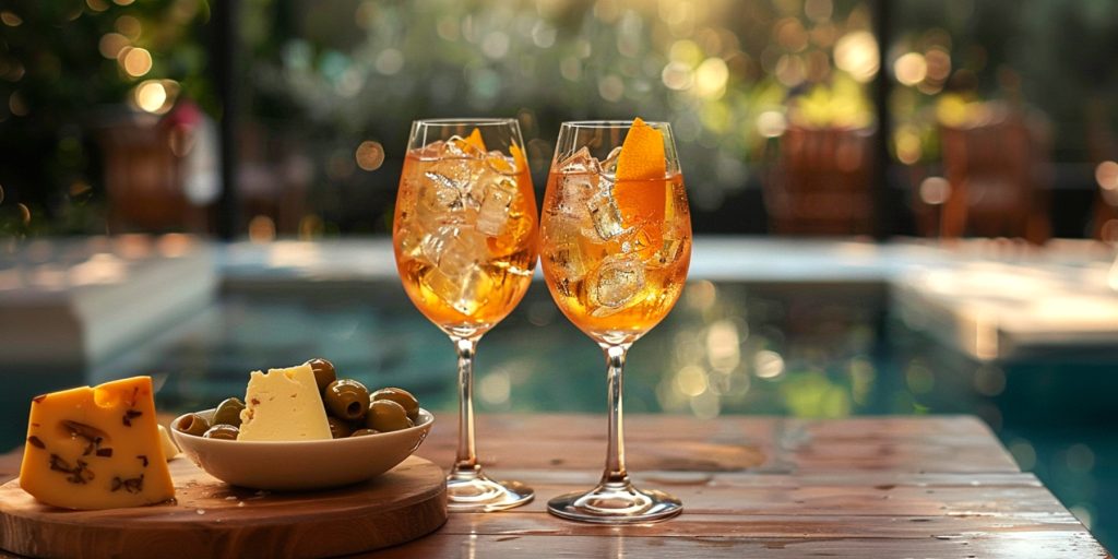 Two Grand Marnier Spritz cocktails served with a bowl of olives and cheeseboard next to a swimming pool

