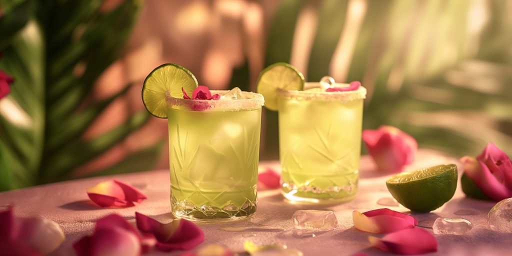 Two Honey Rose Margarita spring cocktails with salt rims and rose petal and lime wheel garnish