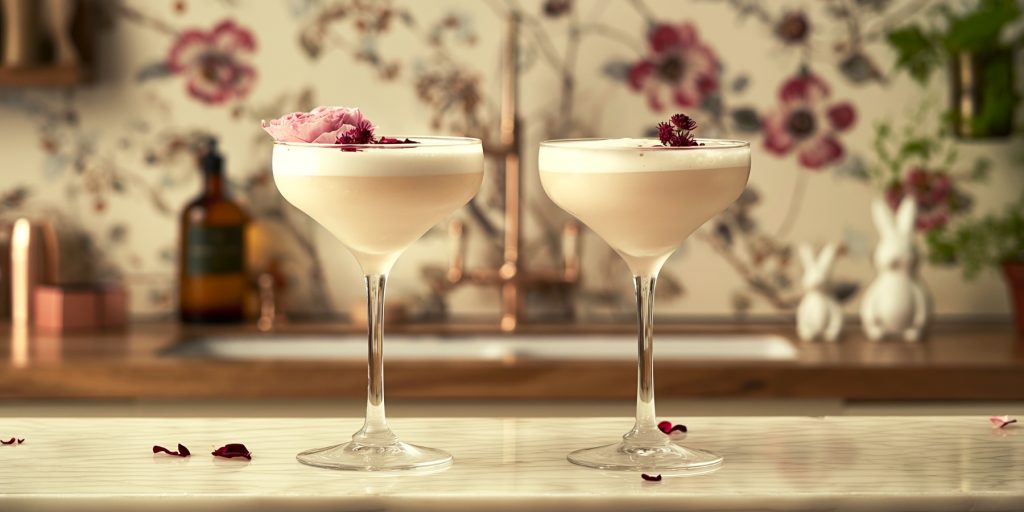 Two White Rabbit cocktails served with edible flower garnish in a modern kitchen setting