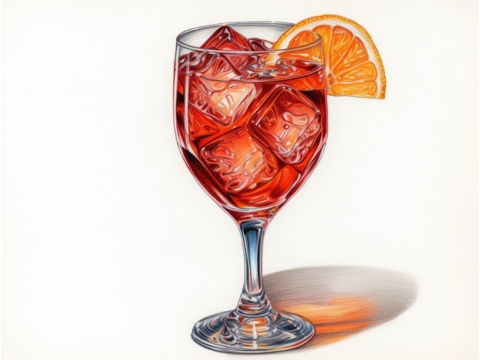 Classic color pencil illustration of a Campari Spritz with fresh orange garnish