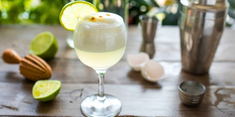 Gin Sour Cocktail with foamy top and lime wheel garnish