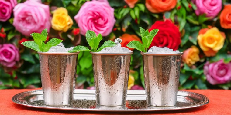 Three Mint Julep Kentucky Derby cocktails served in pewter cups, vertical rose garden in the background