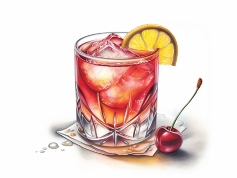 Classic color pencil illustration of a New York Sour