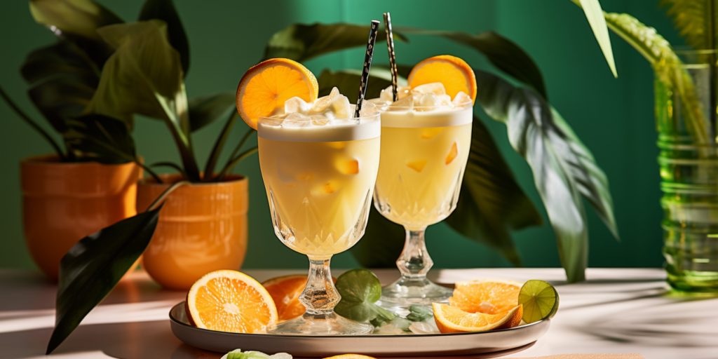 Two creamy Painkiller cocktails with fresh orange garnish