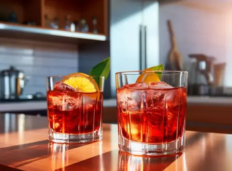 AI MidJourney image showing two Negroni cocktails on a wooden surface in a modern kitchen against a backdrop of a freezer with natural light streaming in through a nearby window