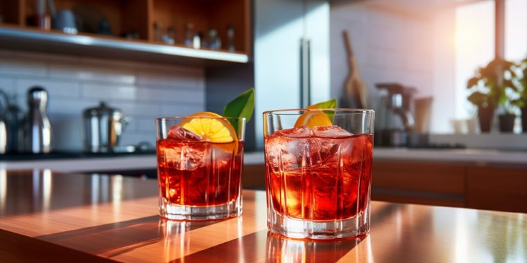 AI MidJourney image showing two Negroni cocktails on a wooden surface in a modern kitchen against a backdrop of a freezer with natural light streaming in through a nearby window