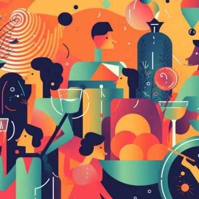 AI MidJourney image in an abstract style of a group of friends enjoying themselves at a colour cocktail party