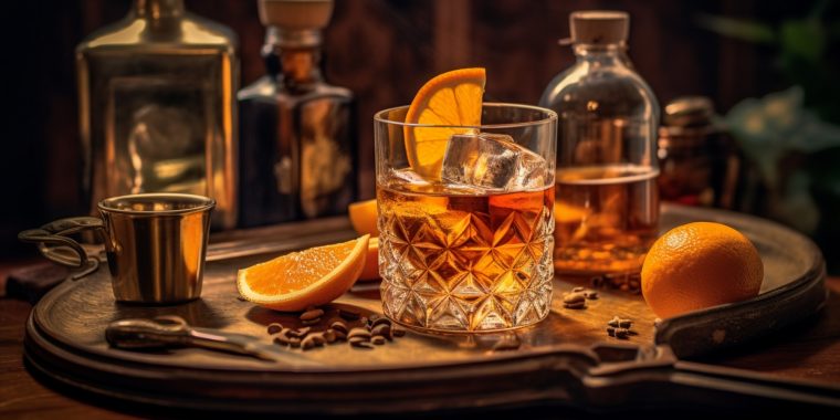 Anejo Old Fashioned with an orange slice garnish