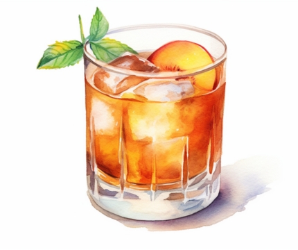 Classic colour pencil illustration of a Bourbon Peach Schnapps cocktail