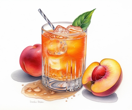 Classic color pencil illustration of a Fuzzy Navel cocktail with fresh peach garnish