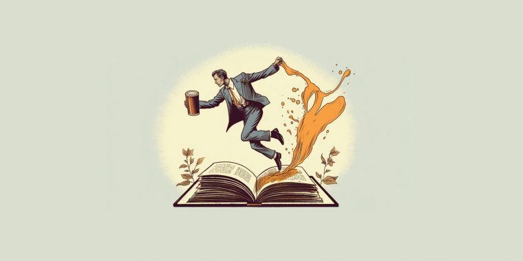 Colour illustration of a man jumping out of a giant book holding a cocktail