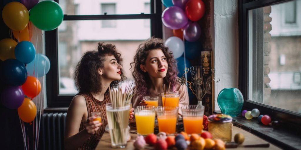 MidJourney AI image of two women sitting at a table with yellow and orange cocktails in a brightly lit modern flat decorated for a Colour Cocktail Party