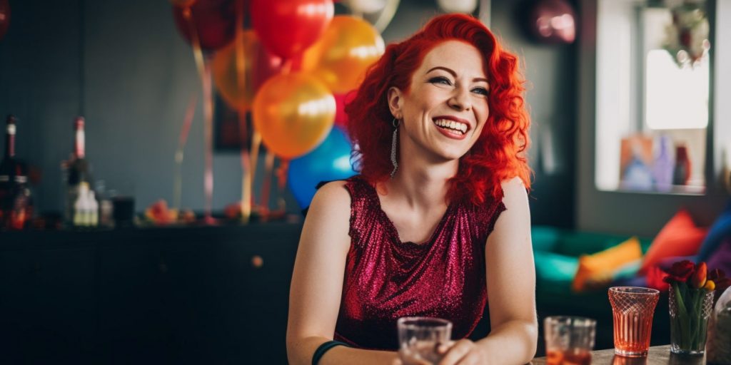 MidJourney AI image of a smiling woman with red hair in a red dress sitting at a table with a red cocktail in a room decorated for a Colour Cocktail Party