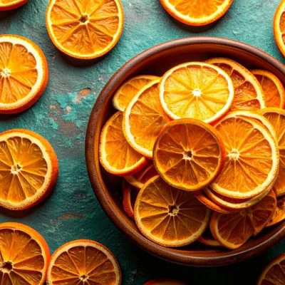 Overhead shot of dried orange slices on a textured turquoise surface