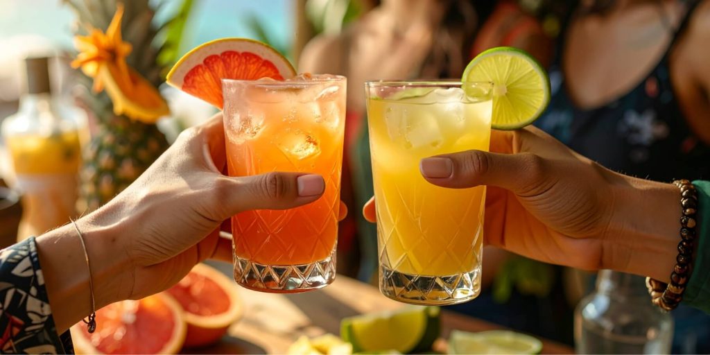 Close-up of hands clinking together two different tequila cocktails