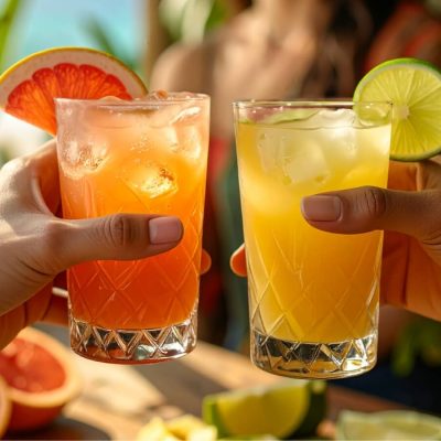 Close-up of hands clinking together two different tequila cocktails