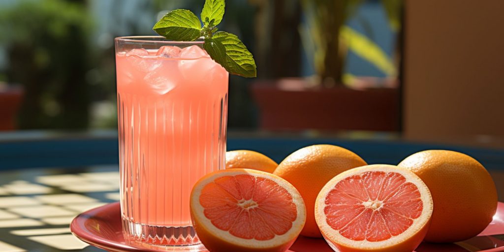 Close up of a tall Soju Citrus Cocktail in a bright, home setting, with fresh blood orangs alongside it