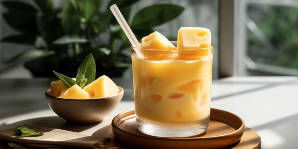 Close up of a creamy, ice-cold Mango Melona Soju Cocktail in a bright, summery kitchen setting