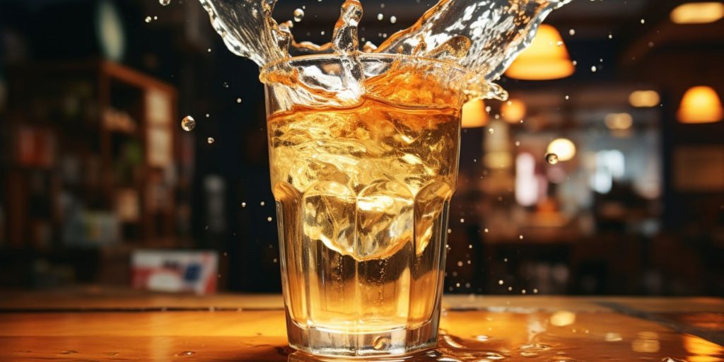 Close up of a Poktanju (Soju Bomb) on a table in a welcoming Korean social setting, with a fun splash erupting from the glass