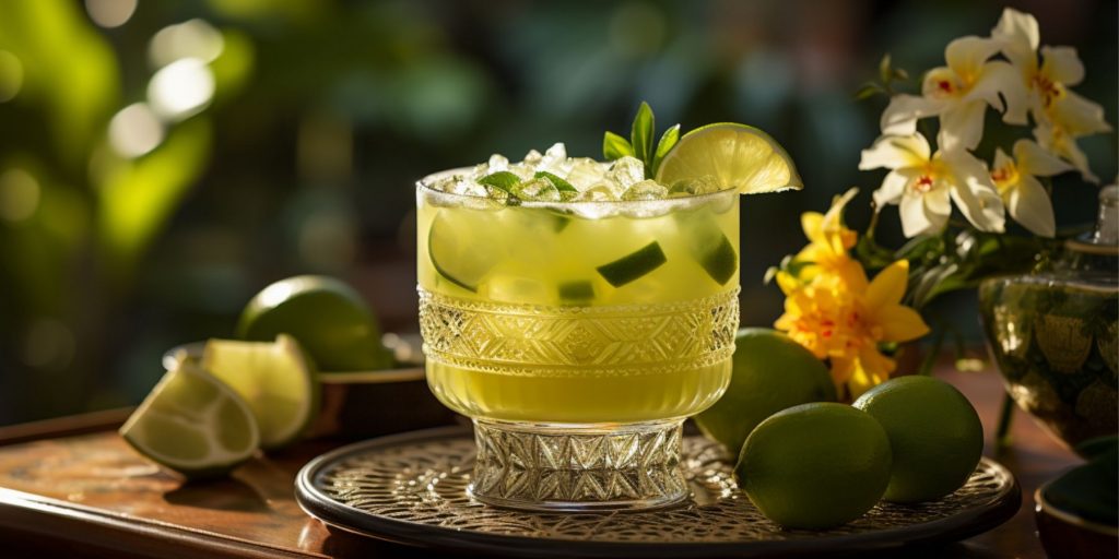 Close up of a Soju Caipirinha in an outdoor setting surrounded by pretty summer blooms