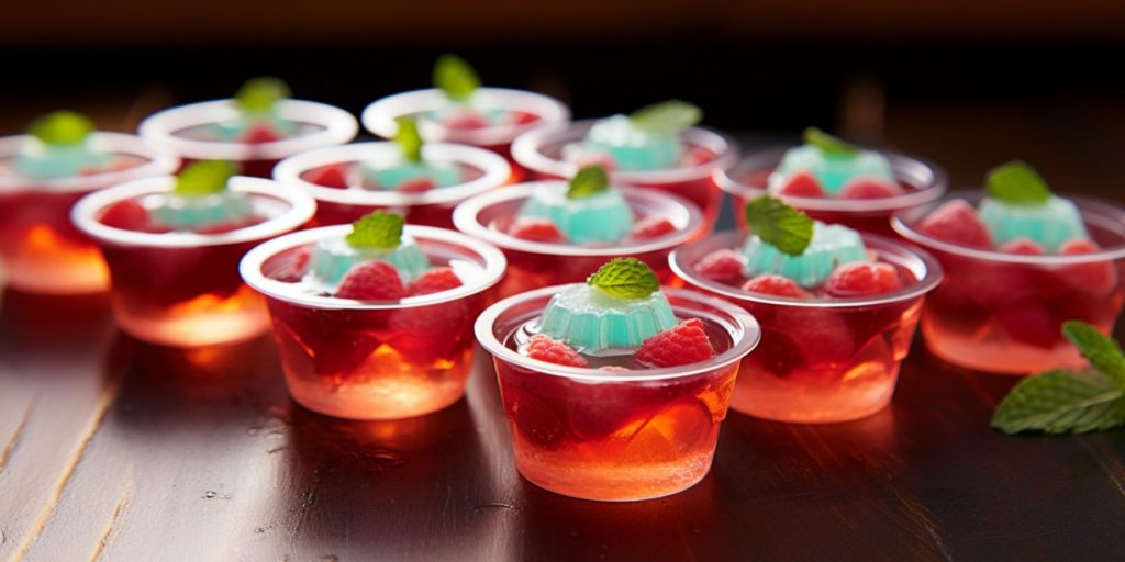 Close-up of a platter of pretty Soju Jello Shots garnished with fresh fruit, ready for a party!