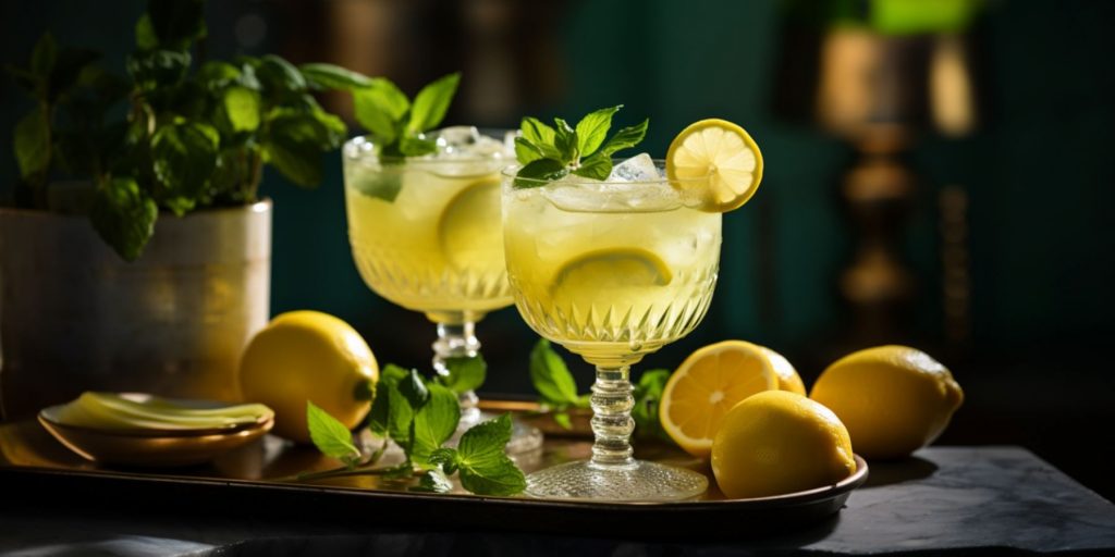 Close-up of a pair of Soju Lemonade cocktails in a light and bright setting, dressed on a serving platter along with fresh lemons and sprigs of mint