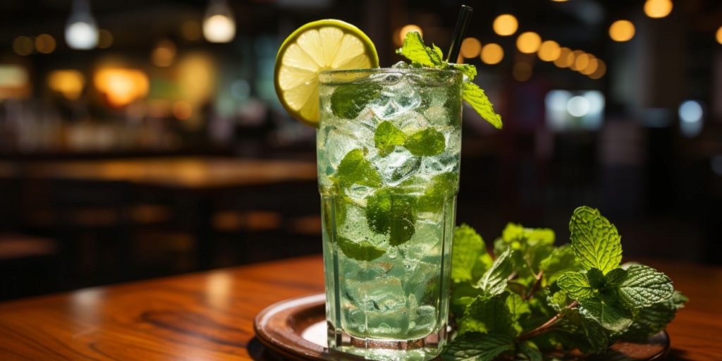 Close up of a tall, cool Soju Mojito in a Korean hospitality setting