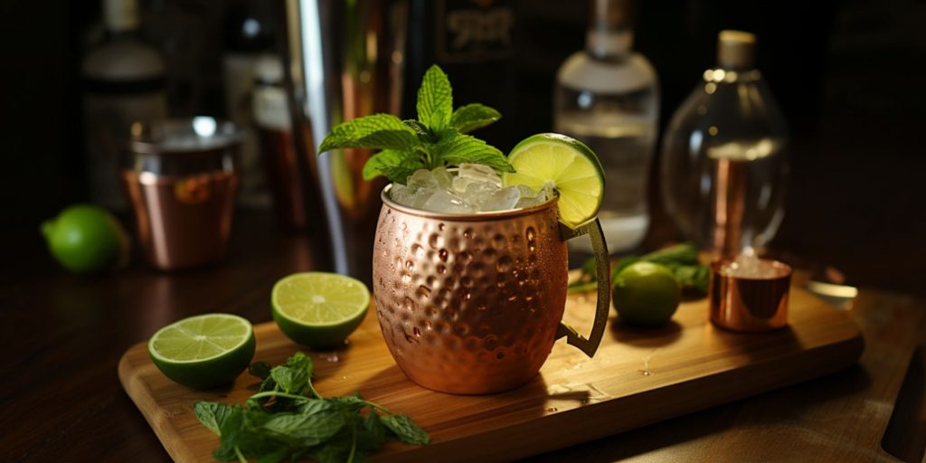 Close up of a The Seoul Mule in a copper mug in a lovely home setting, on a wooden cutting board along with fresh limes and sprigs of mint