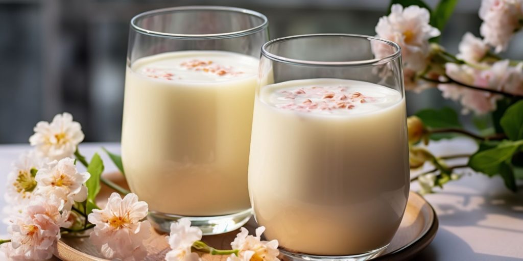 Close-up of a pair of creamy Yogurt Soju cocktails in a light bright setting surrounded by cherry blossoms