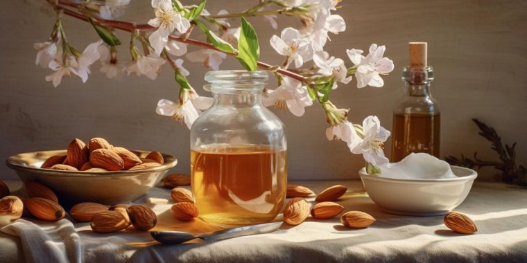 Close up of a glass bottle of Orgeat syrup on a table in a light, bright kitchen surrounded by fresh almonds, a bowl of sugar and a vase of almond blossoms