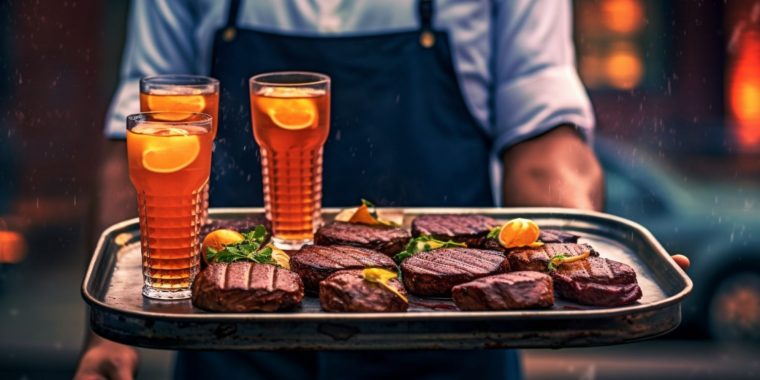 Close up image of a BBQ master holding a plate of BBQ meat and BBQ cocktails to a guest