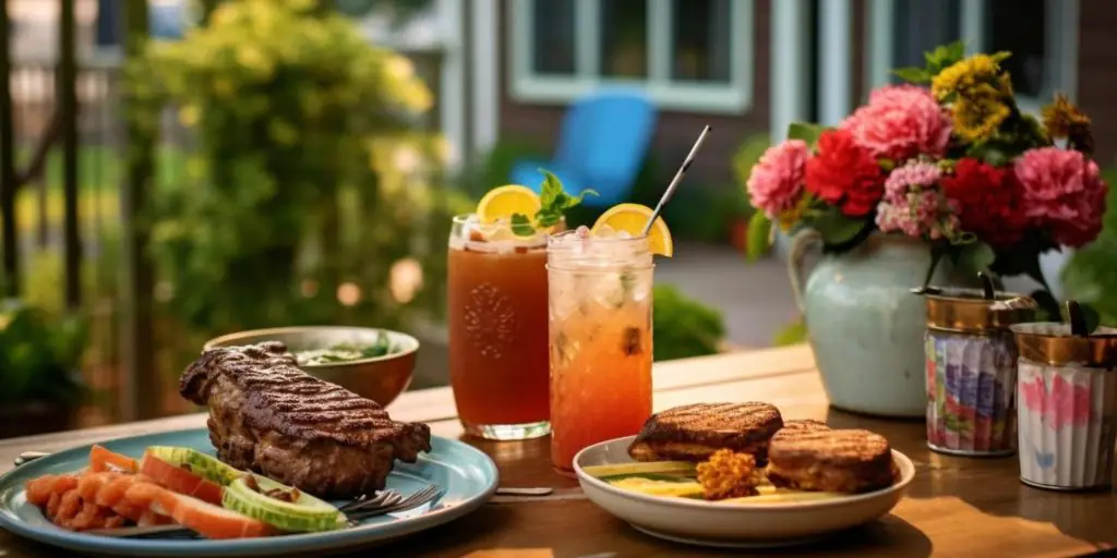 Refreshing BBQ cocktails in a bright outdoor setting along with an array of BBQ foods