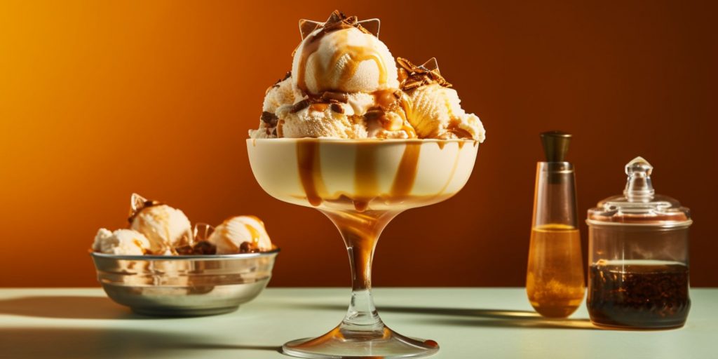 Close up of two ice cream sundaes drizzled in lashings of Boozy Caramel Sauce against a caramel colored backdrop
